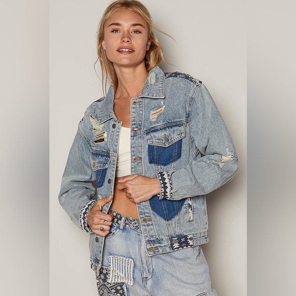 111. POL LAST 1! Coat Jacket Blue Scratched Pockets Heart Distressed Long Sleeve - Picture 8 of 9